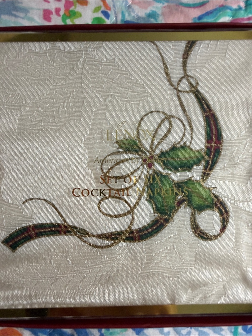Lenox White Cocktail Napkins with Gold and Green Holly Accents
